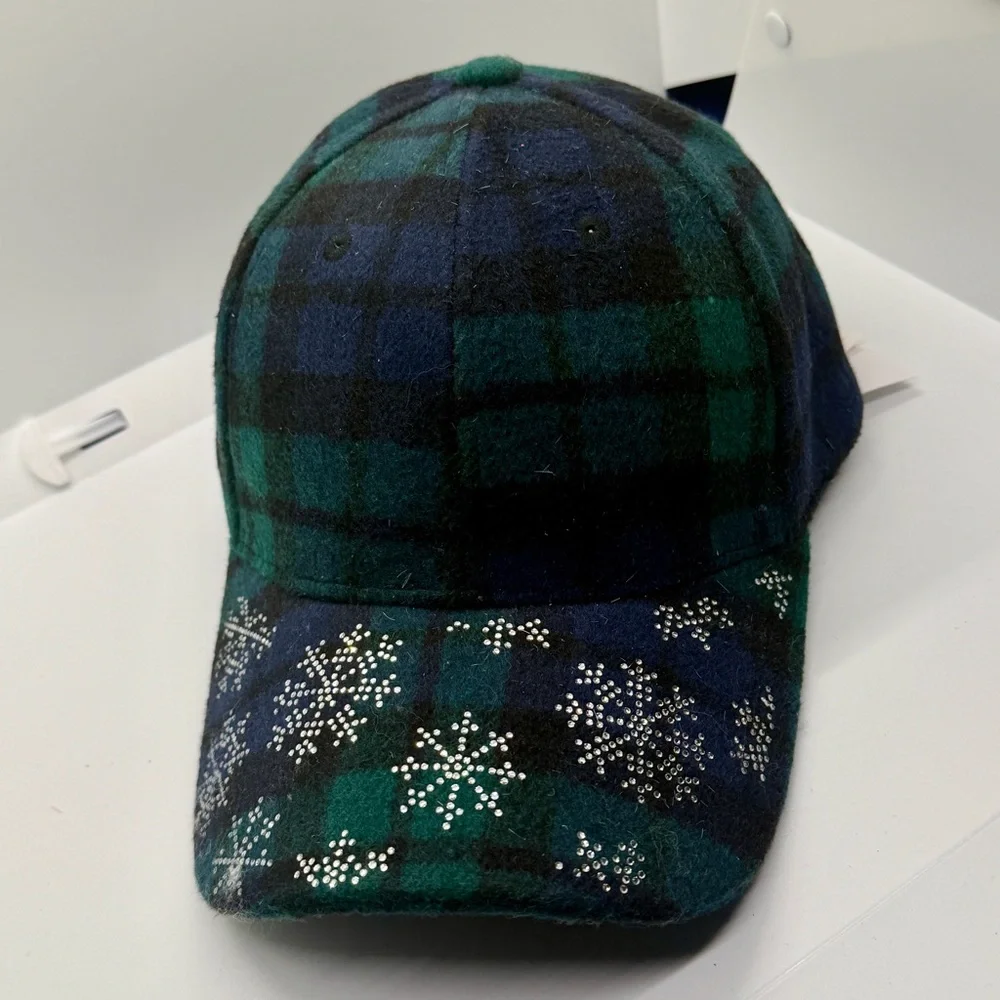 Plaid Green and‎ Blue Women's Hat with Snowflake Design
